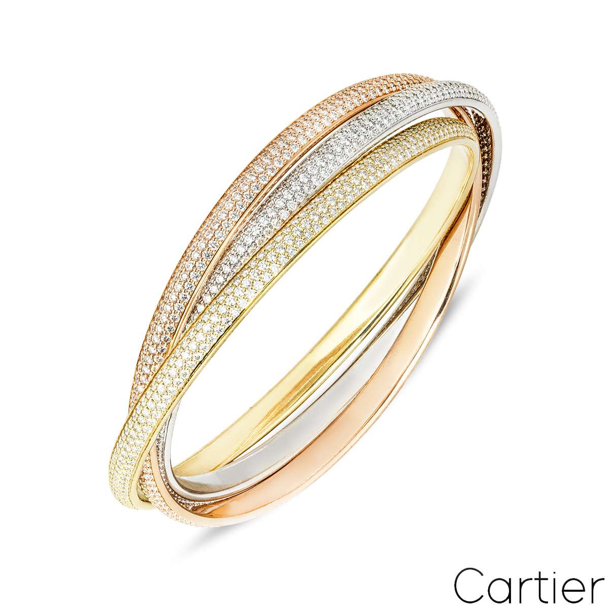 Cartier Trinity Tri-Colour Gold Full Pav Diamond Bracelet 20cm